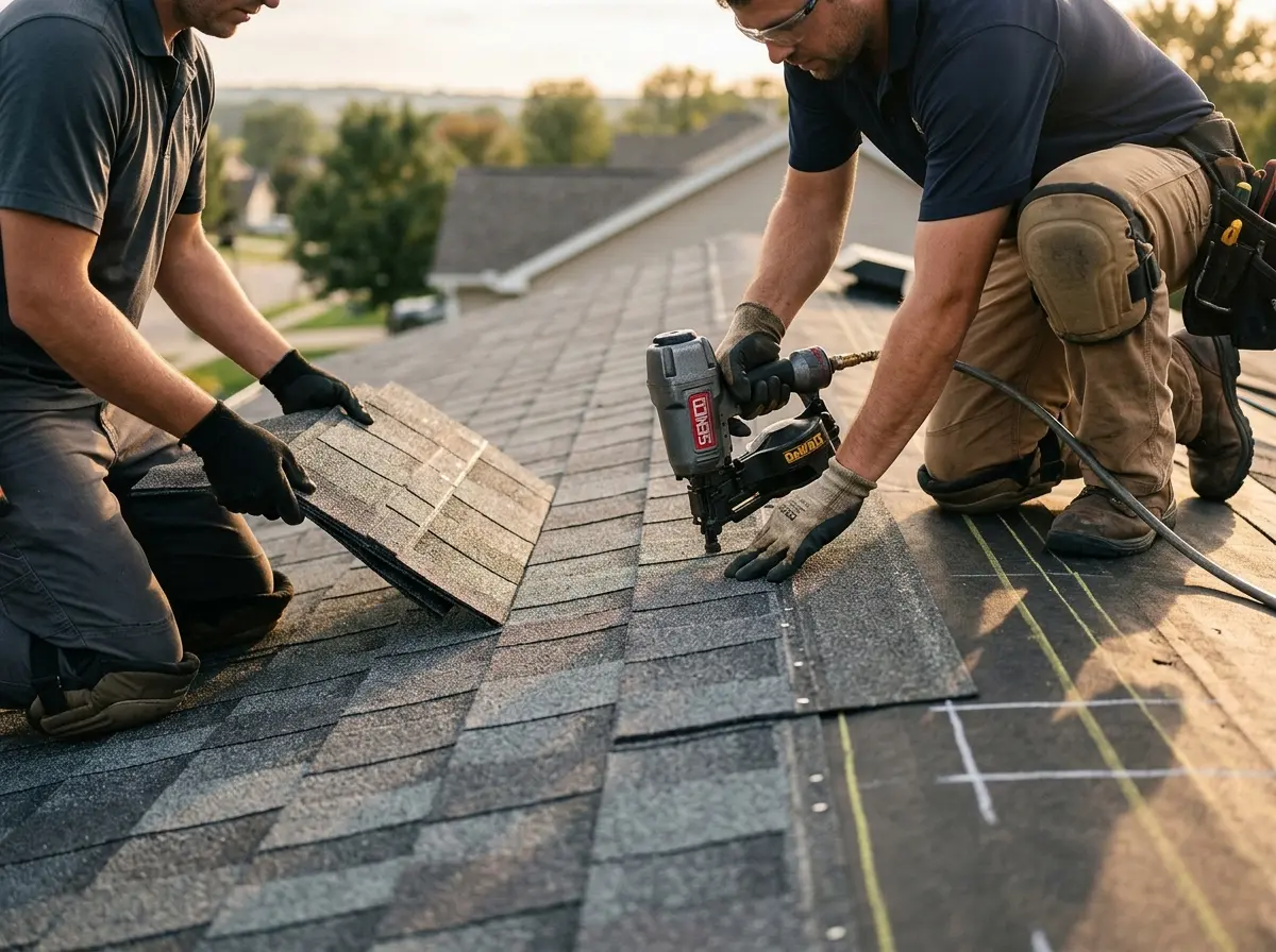 Professional roofer working on a residential roof in Ocean Pointe